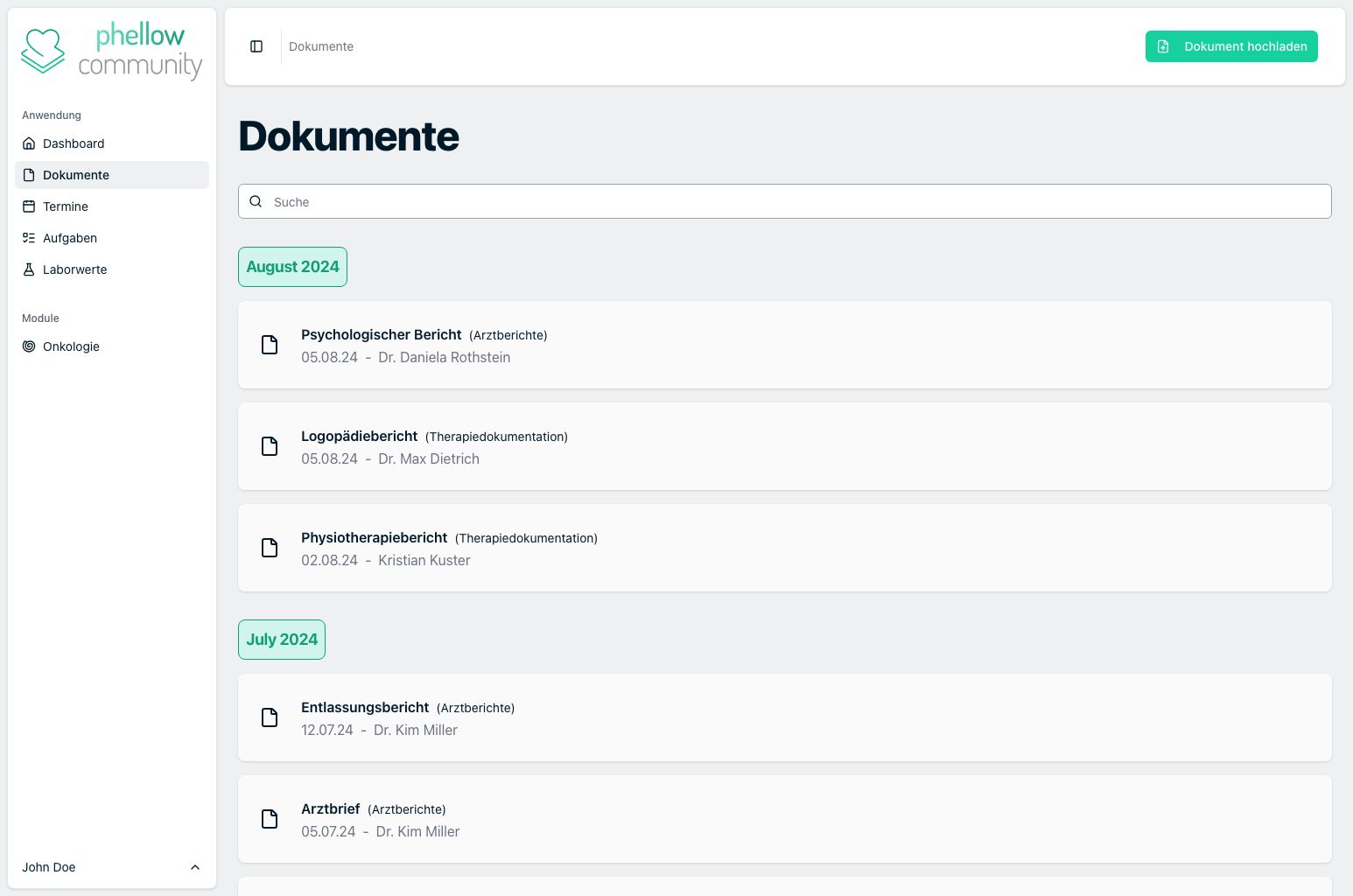 Dokumenten-Ansicht in phellow.community mit Seitenleiste – Dokumente chronologisch nach Monaten gruppiert.