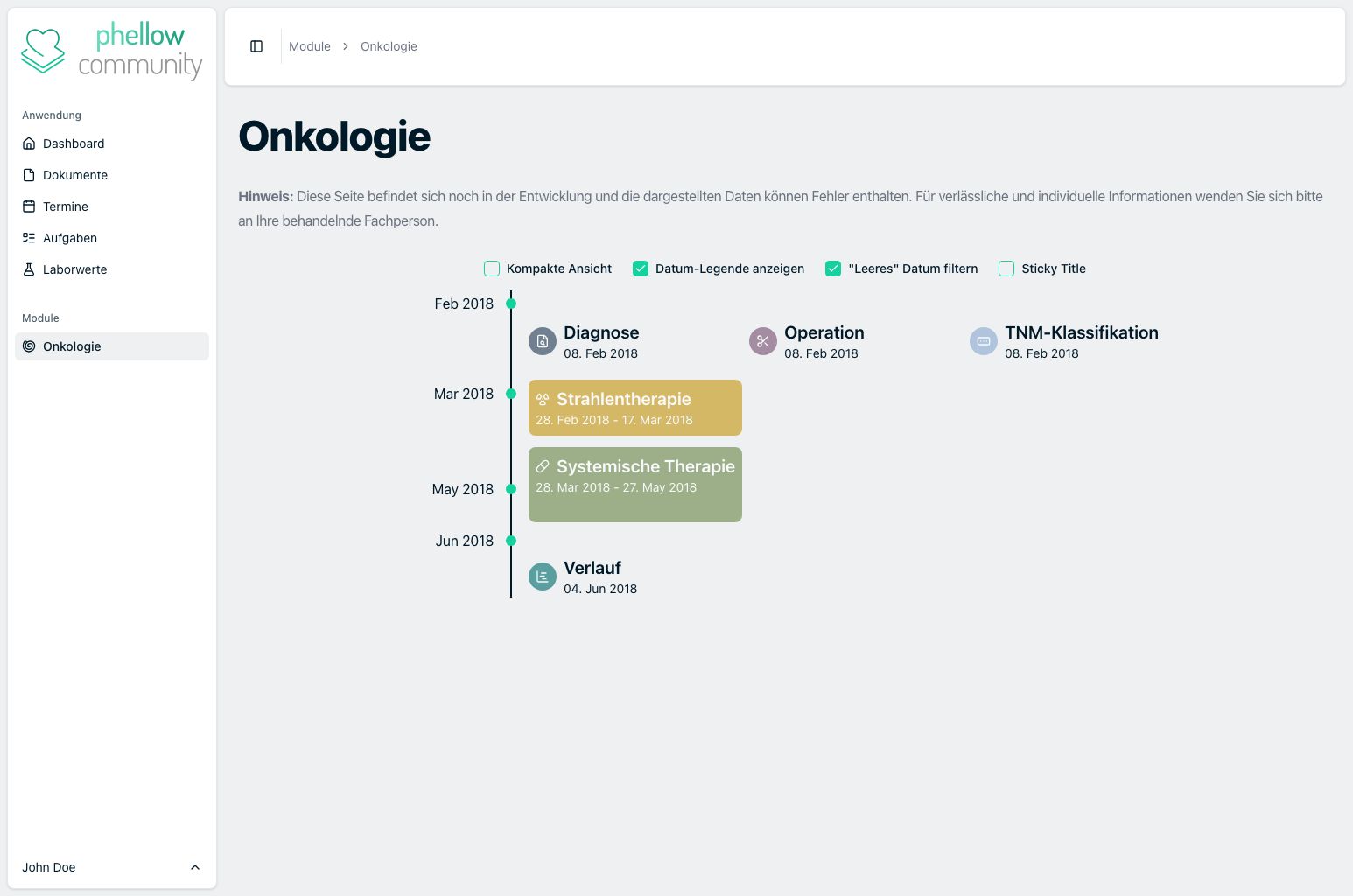 Onkologie-Modul in phellow.community mit Zeitleiste über Diagnose, Operation, Strahlentherapie, Systemische Therapie und Verlauf.